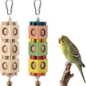 2Pcs Bird Chew Toys for Beak Grinding, Hanging Rotating Wood Block with Bell Parrot Foraging Enrichment Toy for Small to Medium Cocktiel, Conure, Caique