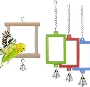 4 PCS Bird Mirror with Bell Parrot Hanging Interactive Playing Toy for Cockatiel Parakeets Canaries Budgie Cage Accessories
