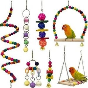 7 Packs Bird Toys for Parakeets, Colorful Parrot Toys with Swings, Bells, Beads, and Perches, Natural Wood Bird Cage Toys for Cockatiels, Lovebirds, Budgies, Conures, and Small Birds