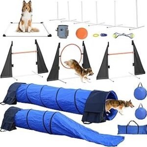 Agility Training Equipment for Dogs,Dog Agility Equipment for Backyard&Indoor Training-Professional Backyard Course with Adjustable Jumps,Collapsible Tunnel,Storage Bags&Toys (Blue, 13 PCS SET)