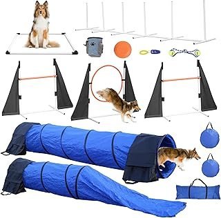 Agility Training Equipment for Dogs,Dog Agility Equipment for Backyard&Indoor Training-Professional Backyard Course with Adjustable Jumps,Collapsible Tunnel,Storage Bags&Toys (Blue, 13 PCS SET)
