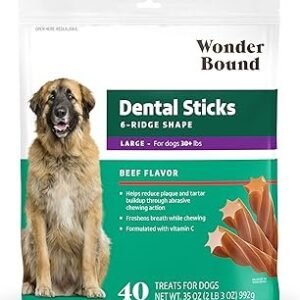 Wonder Bound Beef Flavor Dental Sticks for Large Dogs (Over 30 lbs), 6-Ridge Shape for Plaque & Tartar Control, Freshens Breath, Formulated with Vitamin C, 40 Count (Pack of 1)