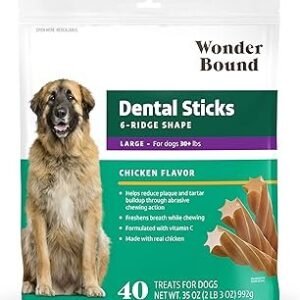 Wonder Bound Chicken Flavor Dental Sticks for Large Dogs (Over 30 lbs), 6-Ridge Shape for Plaque & Tartar Control, Freshens Breath, Made With Real Chicken, 40 Count (Pack of 1)