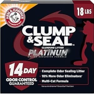 ARM & Hammer Clump & Seal Platinum Cat Litter, Multi-Cat, 14-Day Odor Control, Rock-Hard Clumps, 18 lbs – Powerful Odor Eliminator with Baking Soda