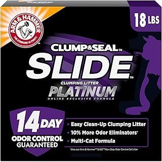 ARM & HAMMER Clump & Seal SLIDE Platinum Multi-Cat Clumping Cat Litter, 14-Day Odor Control, EZ Clean Technology, 18 lbs – No Scrubbing, Powerful Odor Eliminator