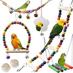 Bird Toys for Parakeets 7Pcs, Wood Parrots Budgie Cage Accessories, Bird Perch Swings for Small Conure Cockatiel Toys, Bird Ladder Swing for Parakeets Climbing 18''