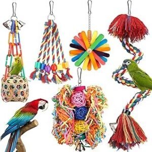Bird Toys Rope Perch with Bell Colorful Bird Chewing Shredding Foraging Toys Parrot Swing Climbing Standing Hanging Toys Cage Accessories for Conure Cockatiel Budgies Lovebird