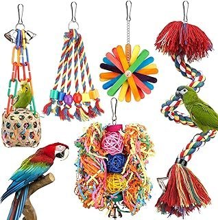 Bird Toys Rope Perch with Bell Colorful Bird Chewing Shredding Foraging Toys Parrot Swing Climbing Standing Hanging Toys Cage Accessories for Conure Cockatiel Budgies Lovebird