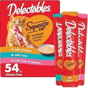 Delectables Squeeze Up Variety Pack, Creamy Squeezable Puree, Lickable Wet Cat Treats, Grain Free, No Added Fillers, No By-Products, No Added Preservatives, 0.5 Ounces Tube, 54 Tubes Total