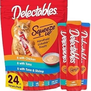 Delectables Squeeze Up Variety Pack, Creamy Squeezable Puree, Lickable Wet Cat Treats, Grain Free, No Added Fillers, No By-Products, No Added Preservatives, 0.5 Ounces Tube, 24 Tubes Total