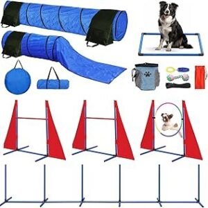 Dog Agility Course Backyard Set, Dog Agility Equipment, Portable Agility Training Equipment for Dogs, Build Dog Obstacle Course Backyard with 2 Tunnels, 3 Jumps, 6 Weave Poles & More, Dog Training Kit