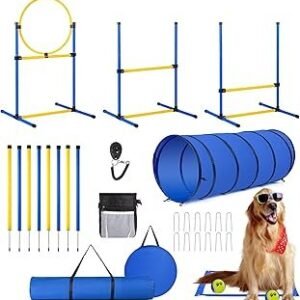 Dog Agility Course Backyard Set，Dog Agility Equipment, Dog Obstacle Course Backyard With 2-Set Agility Hurdle ，Jump Ring, 8 Weave Poles, Tunnel, Pause Box, Toy Balls And 2 Portable Carrying Bags