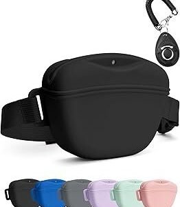 Dog Treat Pouch with Training Clicker, Upgrade Stronger Magnetic Closure to Avoid Spilling, 1.67 Cup Silicone Treat Bag Fanny Pack with Waist Belt for Pet Training Walking (Black)