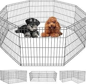 FDW 24 Inch Dog Pen 8 Panel Dog Playpen Indoor Outdoor Metal Puppy Pet Fence Portable Folding Animal Exercise Fence,Black