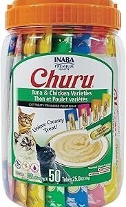 INABA Churu Cat Treats, Grain-Free, Lickable, Squeezable Creamy Purée Cat Treat/Topper with Vitamin E & Taurine, 0.5 Ounces Each Tube, 50 Tubes, Tuna & Chicken Variety