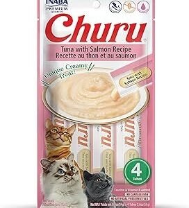 INABA Churu Cat Treats, Grain-Free, Lickable, Squeezable Creamy Purée Cat Treat/Topper with Vitamin E & Taurine, 0.5 Ounces Each Tube, 4 Tubes, Tuna with Salmon Recipe