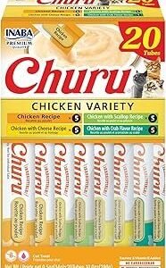 INABA Churu Cat Treats, Lickable, Squeezable Creamy Purée Cat Treat with Green Tea Extract & Taurine, 0.5 Ounces Each Tube, 20 Tubes, Chicken Variety Box