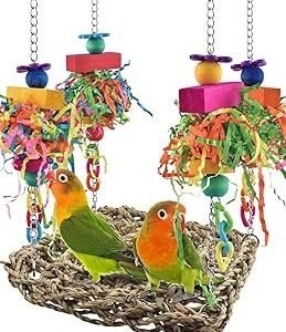 KATUMO Conure Toys, Bird Grass Swing Mat Parrot Climbing Hammock with Colorful Toys for Parakeet, Cockatiel, Sun Conure, Lovebird, Budgie, Small Birds