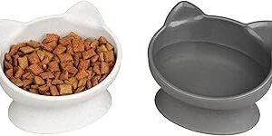 Kitty City Elevated Cat Bowls (Set of 2), Whisker-Friendly Raised Cat Food & Water Dishes, Modern Pedestal Design, Dishwasher Safe, 6.5 oz Each – White & Gray