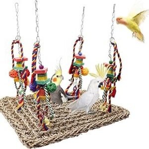 Large Bird Swing Toys, Colorful Parrot Seagrass Mat Hammock with Blocks, Bird Foraging Toy, Bird Cage Accessories, Suitable for Small to Medium Birds Parakeets Lovebirds Cockatiels 15.7 × 11.8 Inches
