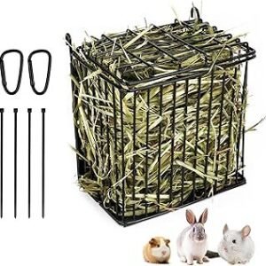 New Upgraded Rabbit Hay Feeder,Comes with Lid to Prevent Critters from Jumping in,Metal Frame Hay Rack with Adjustable Hook,for Rabbits Guinea Pigs Bunny Chinchillas Small Animals (Black)