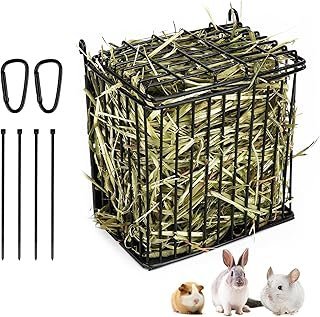 New Upgraded Rabbit Hay Feeder,Comes with Lid to Prevent Critters from Jumping in,Metal Frame Hay Rack with Adjustable Hook,for Rabbits Guinea Pigs Bunny Chinchillas Small Animals (Black)