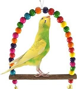 SunGrow Colorful Finch Swing Toy with Bells, Wooden Perch Stand for Canary, Lovebird & Budgie, 8.5x6 Inches, Sturdy Rocking Gym, Small Bird Cage Accessories to Balance, Exercise & Training