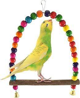 SunGrow Colorful Finch Swing Toy with Bells, Wooden Perch Stand for Canary, Lovebird & Budgie, 8.5x6 Inches, Sturdy Rocking Gym, Small Bird Cage Accessories to Balance, Exercise & Training