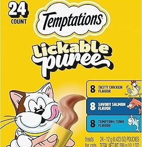 Temptations Creamy Puree Squeezable Lickable Cat Treats, Wet Cat Treats with Chicken, Salmon, and Tuna Variety Pack, 0.42 oz. Tubes, 24 Count