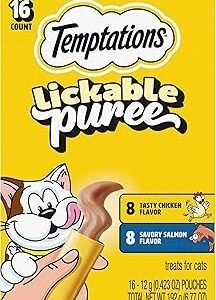Temptations Creamy Puree Squeezable Lickable Cat Treats, Wet Cat Treats with Salmon and Chicken Variety Pack, 0.42 oz. Tubes, 16 Count