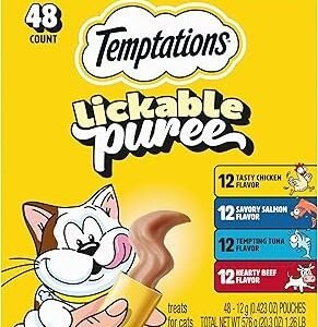 Temptations Creamy Puree Squeezable Lickable Cat Treats, Wet Cat Treats with Beef, Salmon, Chicken, and Tuna Variety Pack, 0.42 oz. Tubes, 48 Count