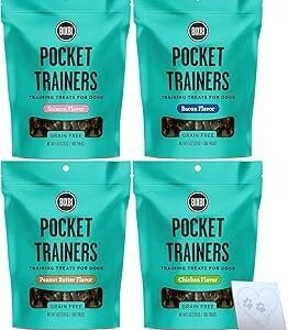 Variety Pack for Bixbi-Pocket Trainers Soft & Moist Dog Training Treats - Four Total Flavors: Bacon, Salmon, Peanut Butter, and Chicken + Pet Paws Notepad (6oz Each, 24oz Total)
