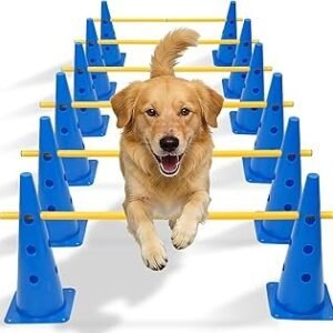 Wdmiya Dog Agility Course Backyard Set with Height Adjustable Crossbar, Dog Agility Training Hurdle Cone Set, 18.9" Dog Agility Equipment for Rehabilitation, Obedience, Starter - 6 Poles & 12 Cones