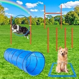 XiaZ Dog Agility Course Backyard Set, Dog Obstacle Course Training Starter Kit Pet Outdoor Game with Tunnel, Agility Hurdle, Weave Poles, Jump Ring, Pause Box, Collapsible Dog Bowls and Storage Bag