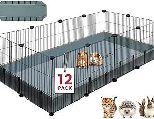 12 Panels Small Animal Playpen, 48" x 24" x 16" Pet Playpen with Waterproof Mat, C&C Cage for Guinea Pigs, Puppy Play Pen, Bunny Playpen, Indoor Outdoor Portable Metal Wire Yard Fence