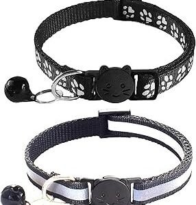 2 Pack Breakaway Cat Collars with Bells, Reflective Design and Claw Print Design, Safety Buckle Kitten Collars Adjustable from 7.5 to 12.5 Inches (Black)