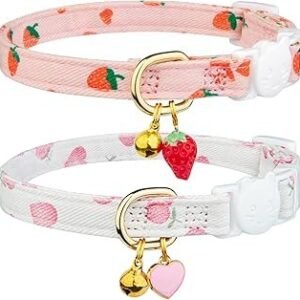 2 Pack Cotton Breakaway Cat Collar Pink Strawberries and White Heart Shaped Pendant Cute Kitten Cat Collar with Bell