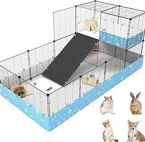 2-Story Guinea Pig Cages with Tarp, Large C&C Loft Cage for Rabbit Bunny Puppy Small Animal Indoor Dog Playpen Pet Exercise Enclosure, 25 Panels