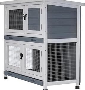 2 Story Solid Wood Rabbit/Bunny Hutch with 2 Large Main Rooms, Indoor Outdoor Rabbit House Guinea Pig Cage Pet House for Small Animals with Ventilation Door Removable Tray Waterproof Roof (Grey)