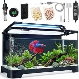 3.5 Gallon Aquarium Starter Kits, Betta Fish Tank with Heater, Digital Thermometer, Aquarium Light with Timer, Hidden Filtration System and Water Changer Kit, Self Cleaning Fish Tank for Nano Fish