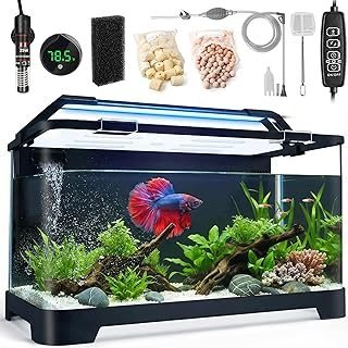 3.5 Gallon Aquarium Starter Kits, Betta Fish Tank with Heater, Digital Thermometer, Aquarium Light with Timer, Hidden Filtration System and Water Changer Kit, Self Cleaning Fish Tank for Nano Fish