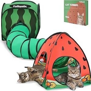 3-in-1 Watermelon Cat Play Tunnel with Pop-Up Cube & Triangle Cat Tent, Interactive Toy Ball & Foldable Design - Easy Magic Tape Assembly Tunnels for Indoor Cats