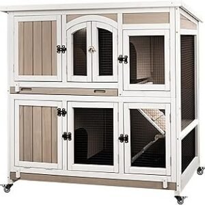 47"L Rabbit Hutch Indoor Wooden 2 Story Rabbit Large Bunny Hutch Outdoor Bunny Cage on 4 Metal Wheels and 2 Deeper Pull Out Trays, Ramp,Guinea Pig Pet House for Small to Medium Animals,Grey