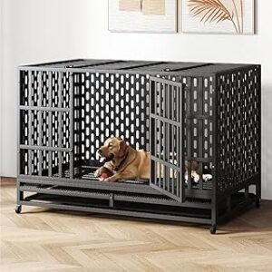 48 Inch Heavy Duty Indestructible Dog Crate Steel Escape Proof, Indoor Double Door High Anxiety Cage, Kennel with Wheels, Removable Tray, Extra Large XL XXL