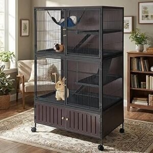 60" Large Ferret Cage, Multi-Level Small Animal Mansion with 4 Wheels, 3 Metal Ramps & Hammock for Chinchillas, Rabbits, Guinea Pigs, Includes PP Trays & Storage Cabinet