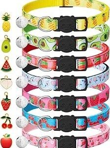 7 Pack Breakaway Cat Collars with Bells & Fruit Pendants,Safety Kitten Collar,Adjustable,Ideal for Girl Cats Boy Male Cats Pet Supplies,Accessories,Gifts