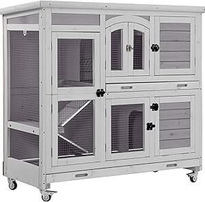 Aivituvin Rabbit Hutch Indoor, Bunny Cage with Wheels, 2-Story Design, 2 Deep Trays, Anti Slip Ramp, Ideal for Small Animals - Grey