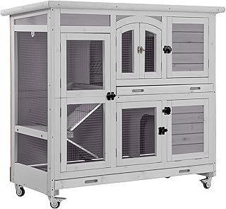 Aivituvin Rabbit Hutch Indoor, Bunny Cage with Wheels, 2-Story Design, 2 Deep Trays, Anti Slip Ramp, Ideal for Small Animals - Grey