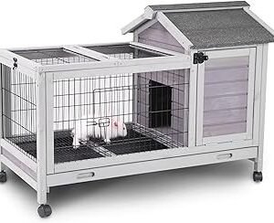 Aivituvin Wooden Rabbit Hutch with Removable Wire Floor Grid, Bunny Cage with Deeper Leakproof Tray 4 Wheels Include