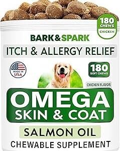 BARK&SPARK Omega 3 for Dogs - 180 Fish Oil Treats for Dog Shedding, Skin Allergy Chews, Itch Relief, Hot Spots Treatment - Joint Health - Skin and Coat Supplement - EPA & DHA Fatty Acids - Salmon Oil